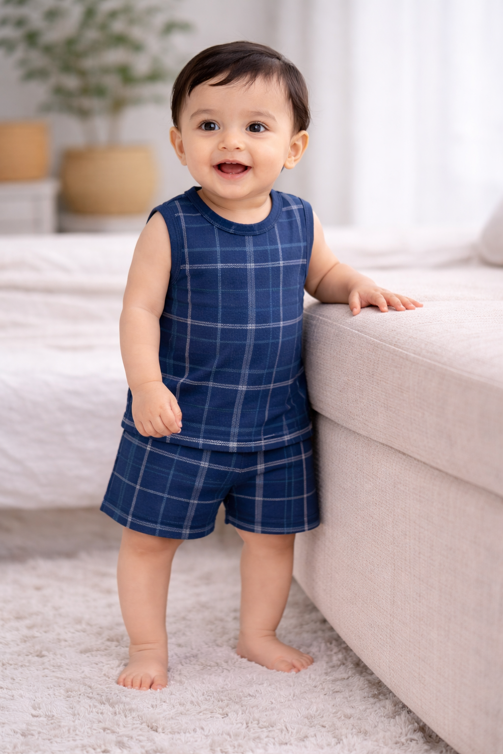 Infant Cotton Sleeveless Co-ord Set | Baby T-shirt & Shorts Set (Navy blue square)