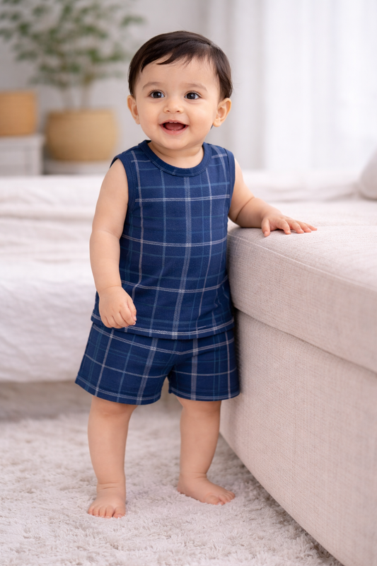 Infant Cotton Sleeveless Co-ord Set | Baby T-shirt & Shorts Set (Navy blue square)