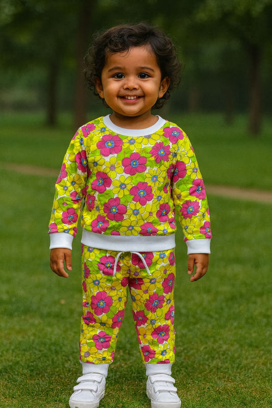 Premium Winter Full sleeves Tshirt with Pant (Big Yellow Floral)