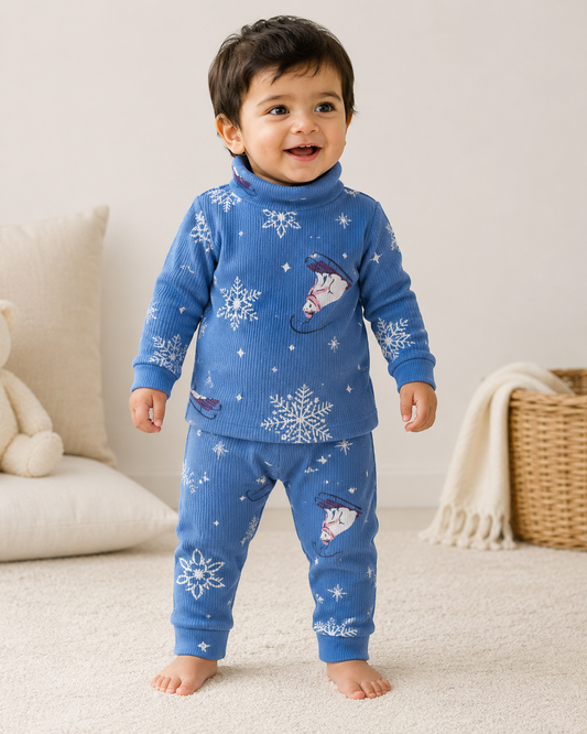 High Neck Ribbed  Full sleeves Tshirt with Pant (Blue White Flower)