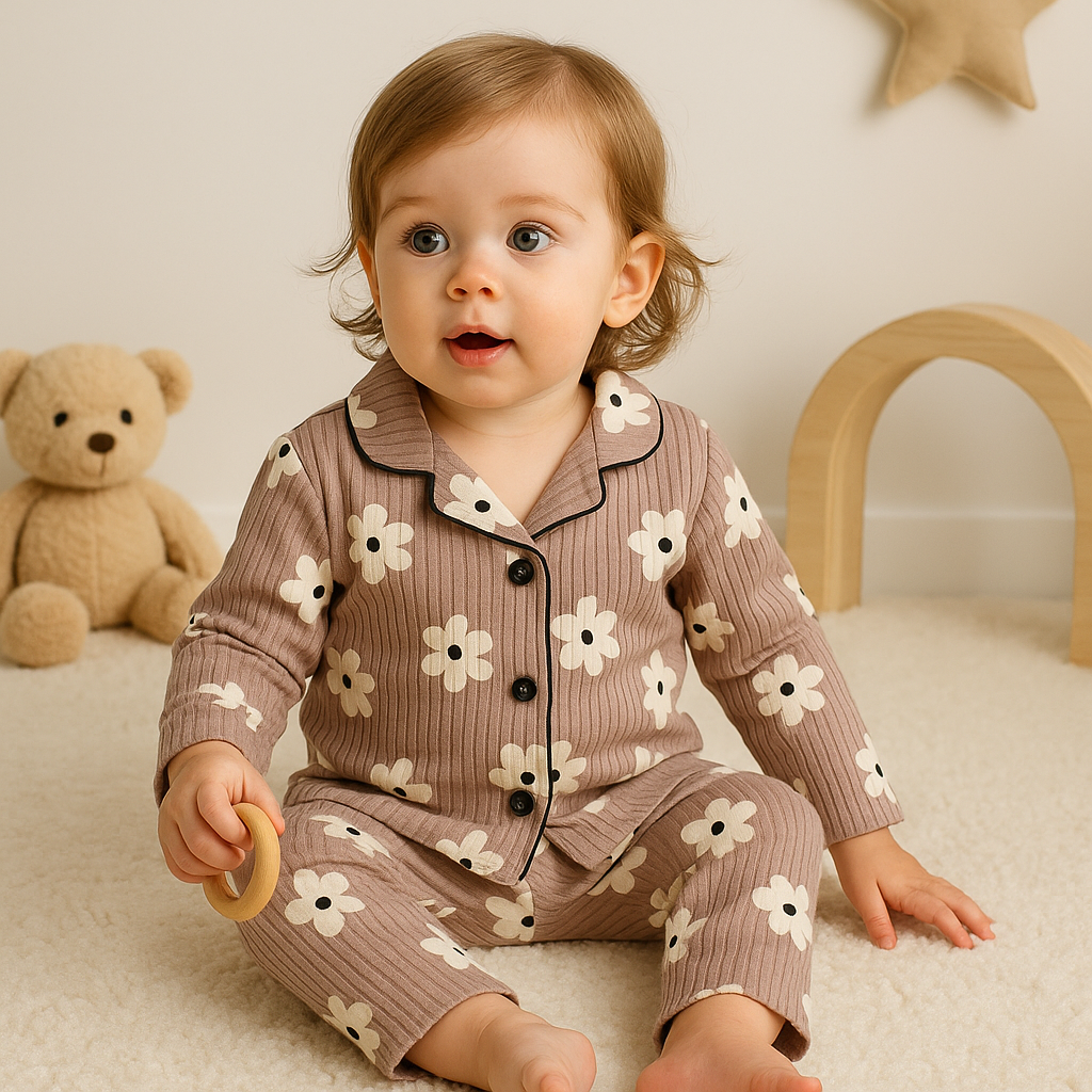 Kids’ Loungewear Collared sets (Greyish  Flower)  (1-4 Yrs)