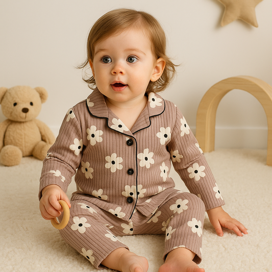 Kids’ Loungewear Collared sets (Greyish  Flower)  (1-4 Yrs)