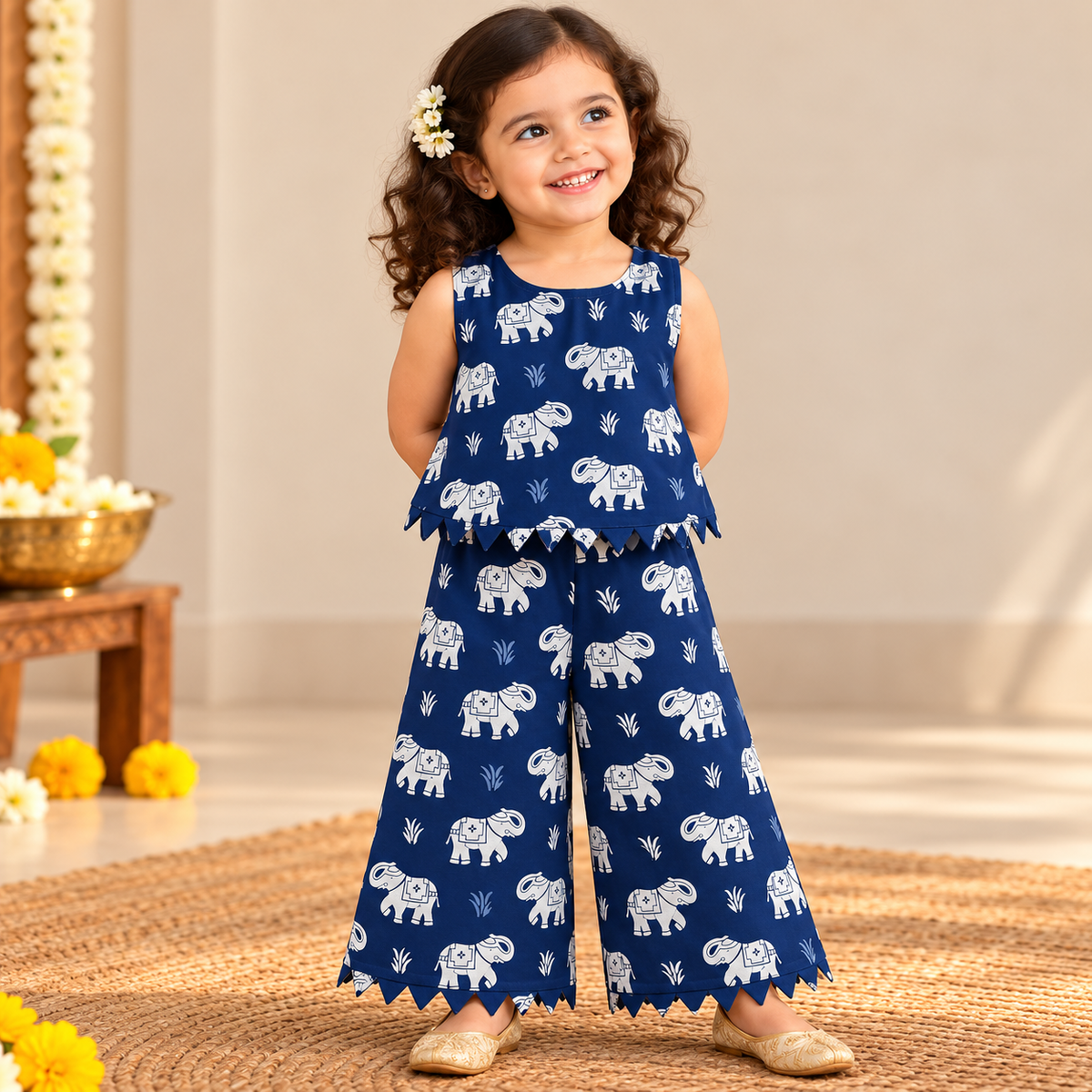 Girls Casual Cotton Printed W-Cut Top & Pant Co-ord Set(CW001) (Blue Elephant)
