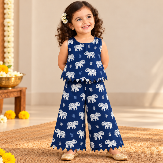 Girls Casual Cotton Printed W-Cut Top & Pant Co-ord Set(CW001) (Blue Elephant)