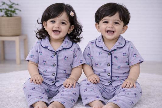 Premium Half Sleeves Collar Ribbed Tshirt with Pant (Purple 3 Flowers)