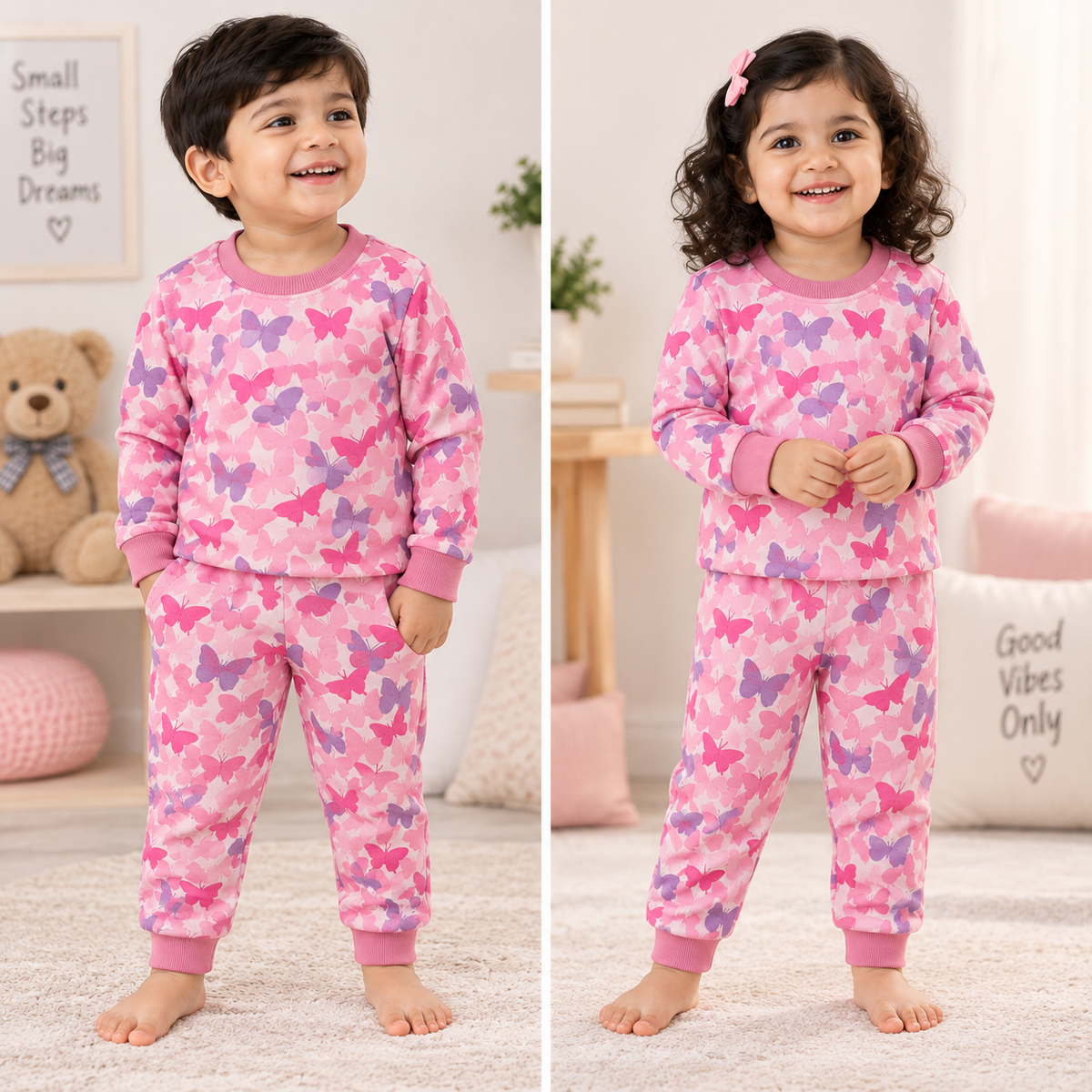 Premium Winter Full Sleeves T-Shirt with Pant (Pink Butterfly)