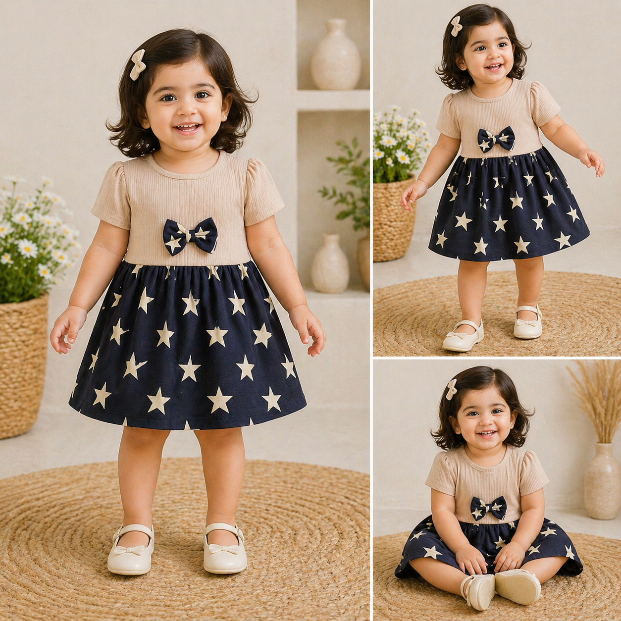 Cotton Half Sleeves Frocks With Bow (Sand Stars)