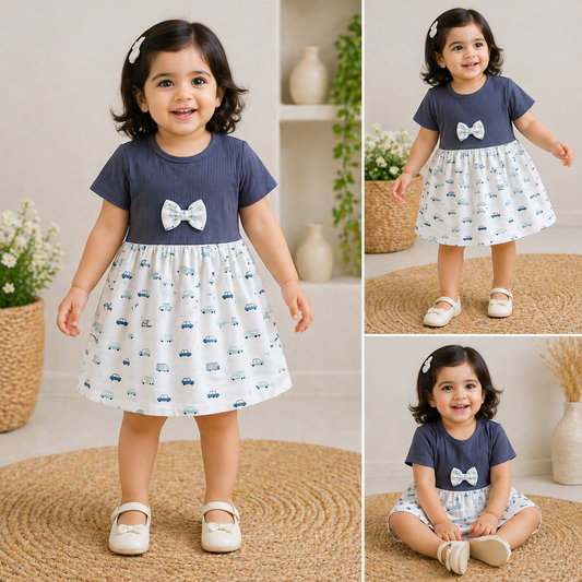 Cotton Half Sleeves Frocks With Bow (Grey Blue Transport)