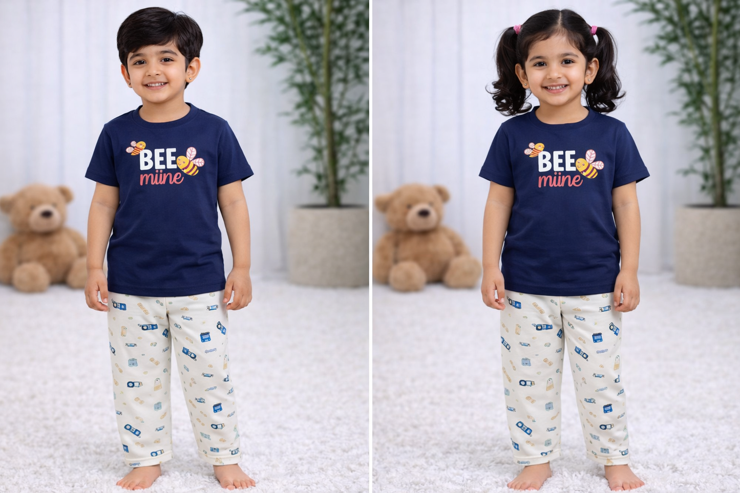 Premium Cotton Contrast Half Sleeves Pajama Set (Black -Bee Mine-ice blue Cars )