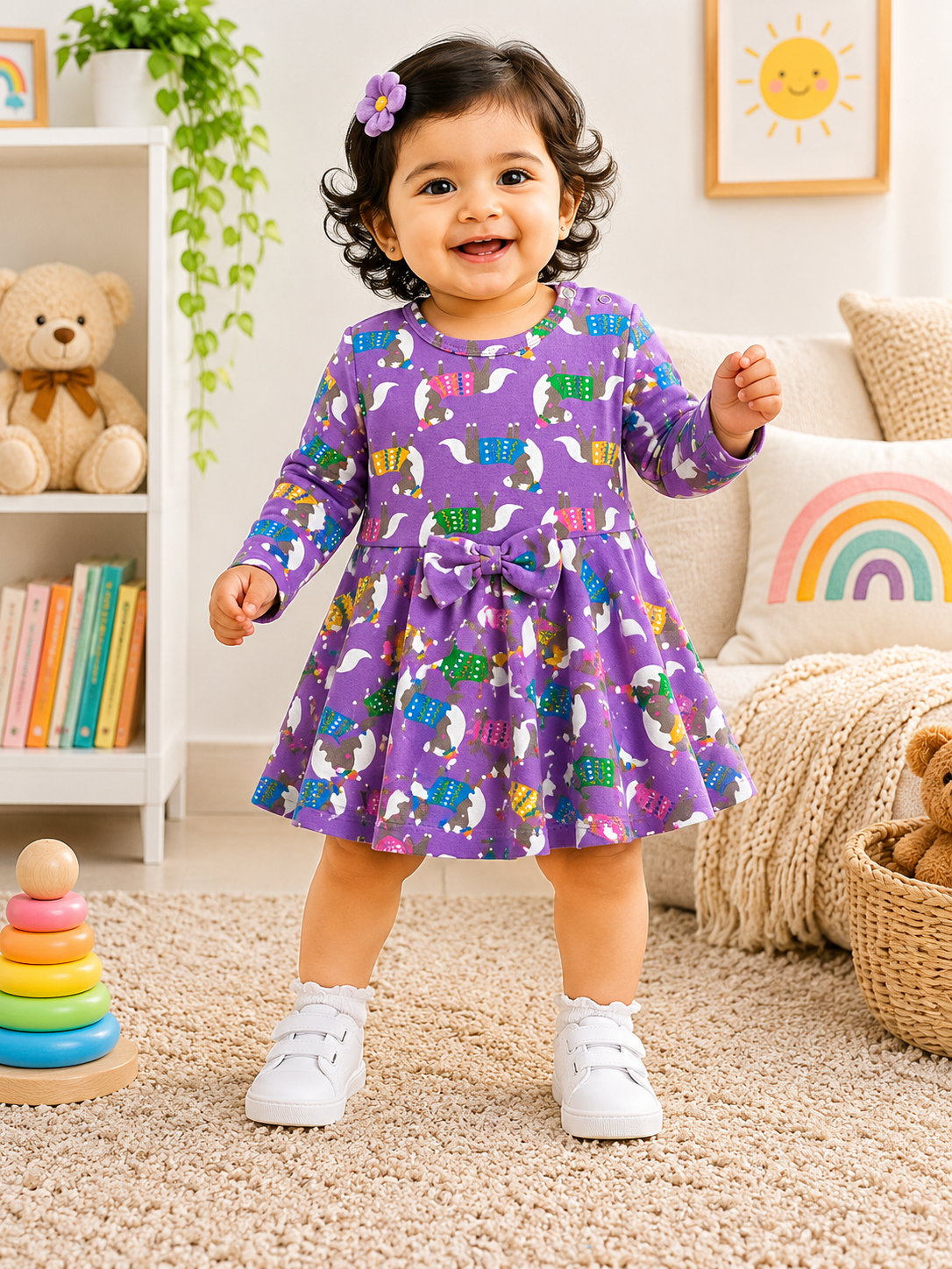 Full Sleeves Frocks with Shoulder Buttons (Lavender Horse)