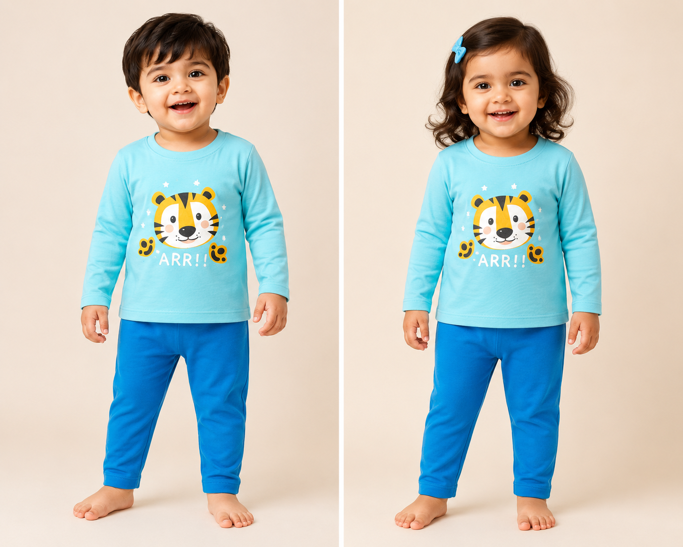 Premium Cotton  Full  sleeves Tshirt with Pant (Sky Blue Tiger Face)