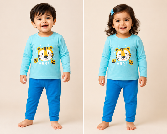 Premium Cotton  Full  sleeves Tshirt with Pant (Sky Blue Tiger Face)
