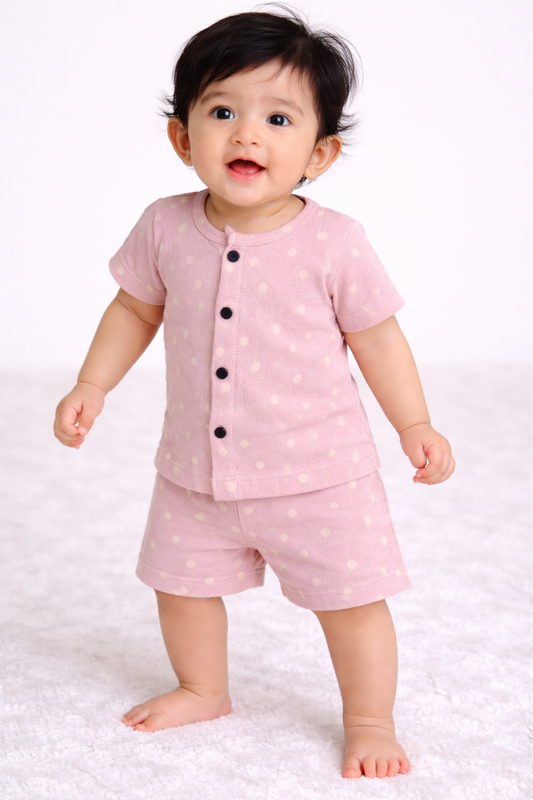 Airport - Crinkled  Front open Tshirt with Shorts Sets (Peach Dots)