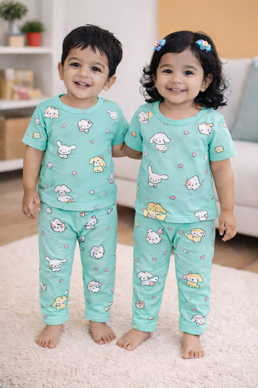 Premium Ribbed Half sleeves Tshirt with Pant (Ultra Cute Kitties)