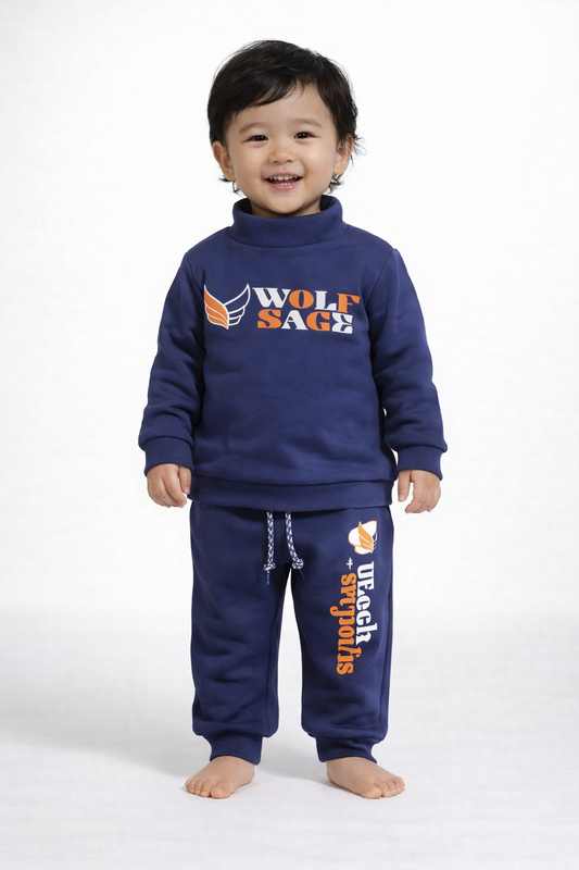 Premium Winter High Neck Pant Set For Kids( Ink Blue -Wolf Sage)