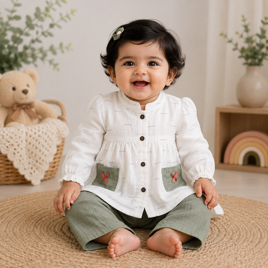 Airport - Kids Muslin  Balloon Sleeves Frock With Pant (White & Pista )