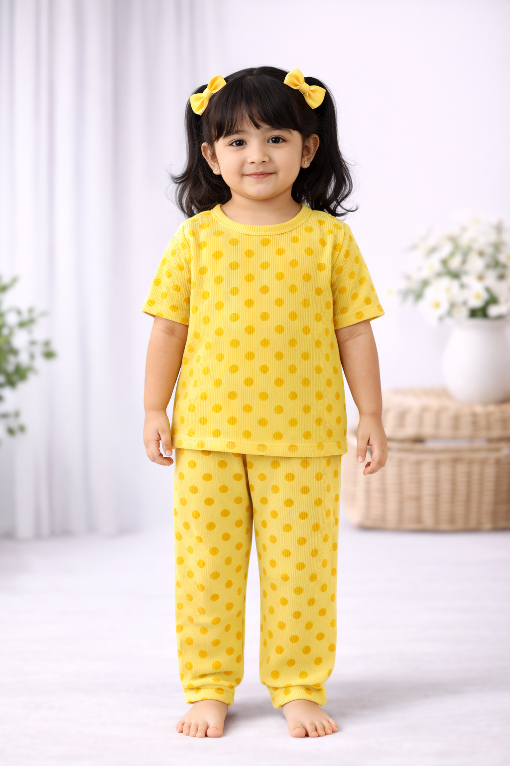 Premium Ribbed Half Sleeves Pajama Set (Yellow Polka)