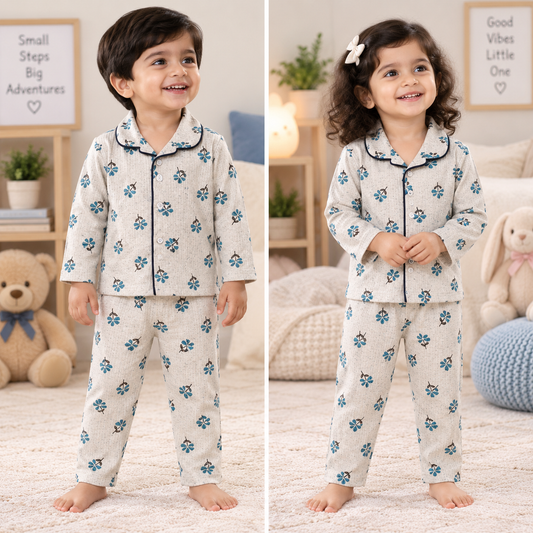 Premium Ribbed Collar full Sleeves Night Suit Sets (Grey Flower)