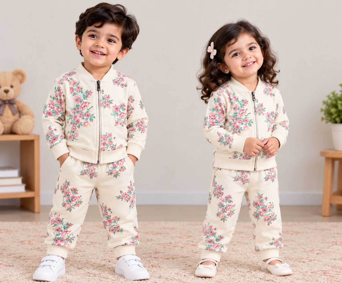 Kids Loopknit Winter Set – Full-Zip Top & Pants, Cream Purple Floral  (FZ010)