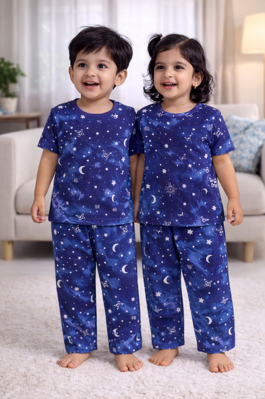 (CP009) - Premium Cotton Half sleeves Tshirt with Pant (Blue: Star: Moon: Butterfly))