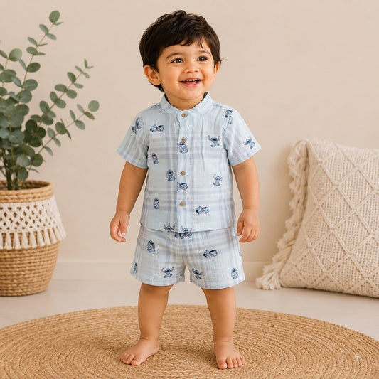Airport - Kids Muslin Co-ord Set – Front Open Collar Shirt & Shorts (Light Blue Stitch)