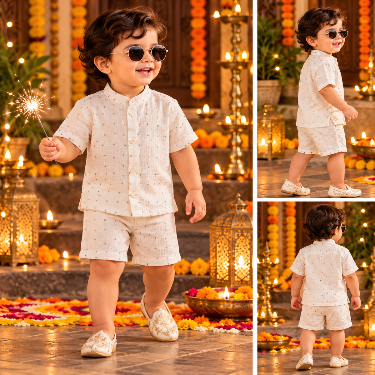 Airport Kids Cotton Muslin Shirt & Shorts Set (White Grey Star)