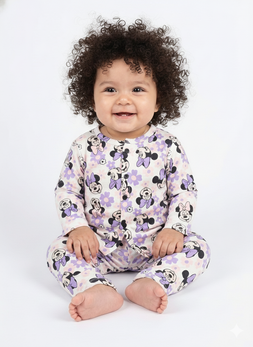 Front Open Full sleeves Cotton Tshirt with Pant (Lavender Minnie)