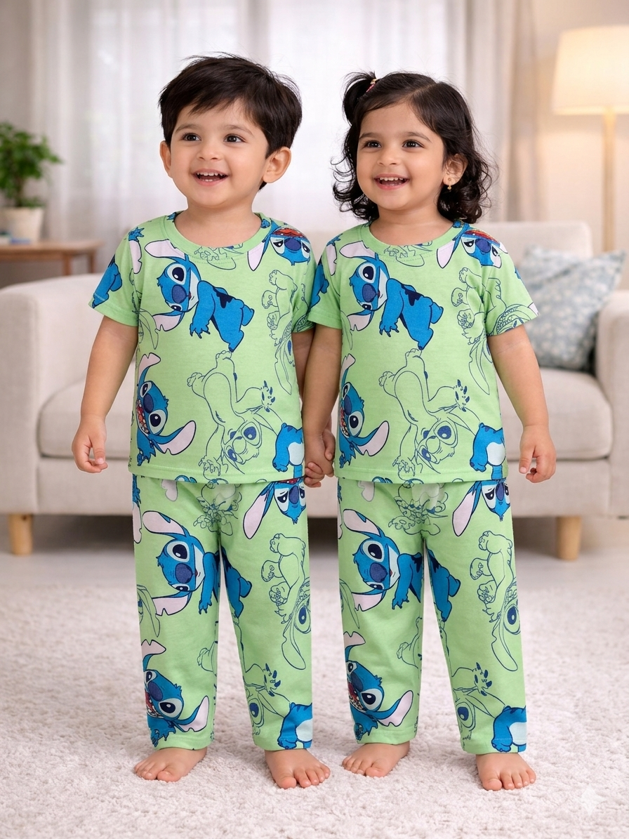 (CP007) - Premium Cotton Half sleeves Tshirt with Pant (Green STITCH)