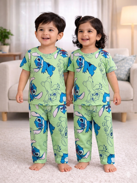 (CP007) - Premium Cotton Half sleeves Tshirt with Pant (Green STITCH)