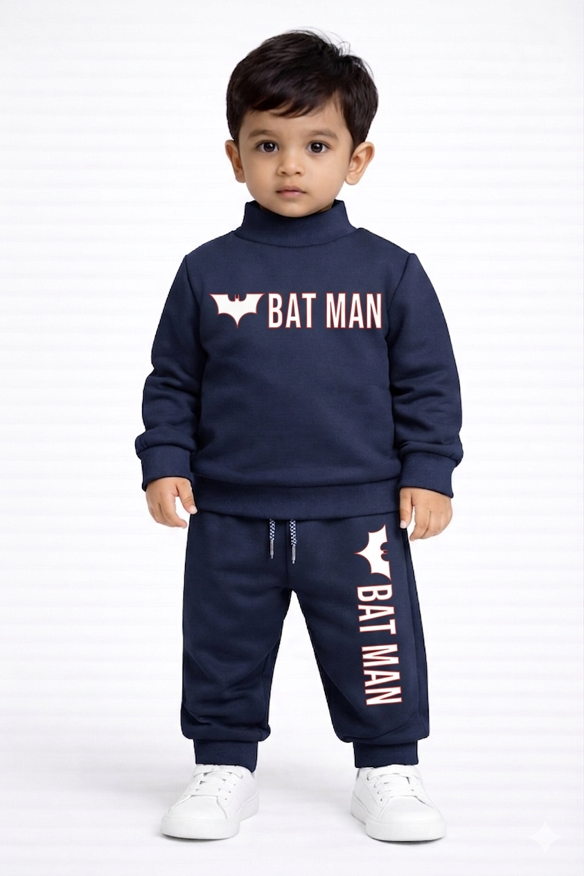 Premium Winter High Neck Pant Set For Kids(Blue -Bat Man)