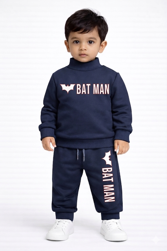 Premium Winter High Neck Pant Set For Kids(Blue -Bat Man)