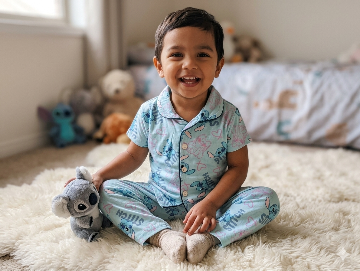 Kid's Collar night Suits (Sky blue Stitch)