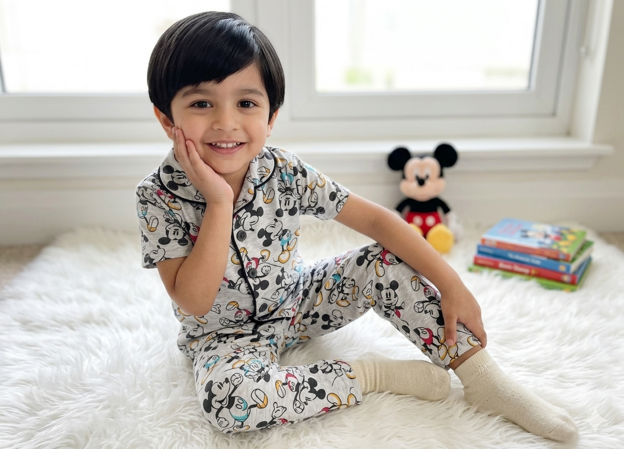 Premium Half Sleeves Collar Cotton Tshirt with Pant (Grey Micky)