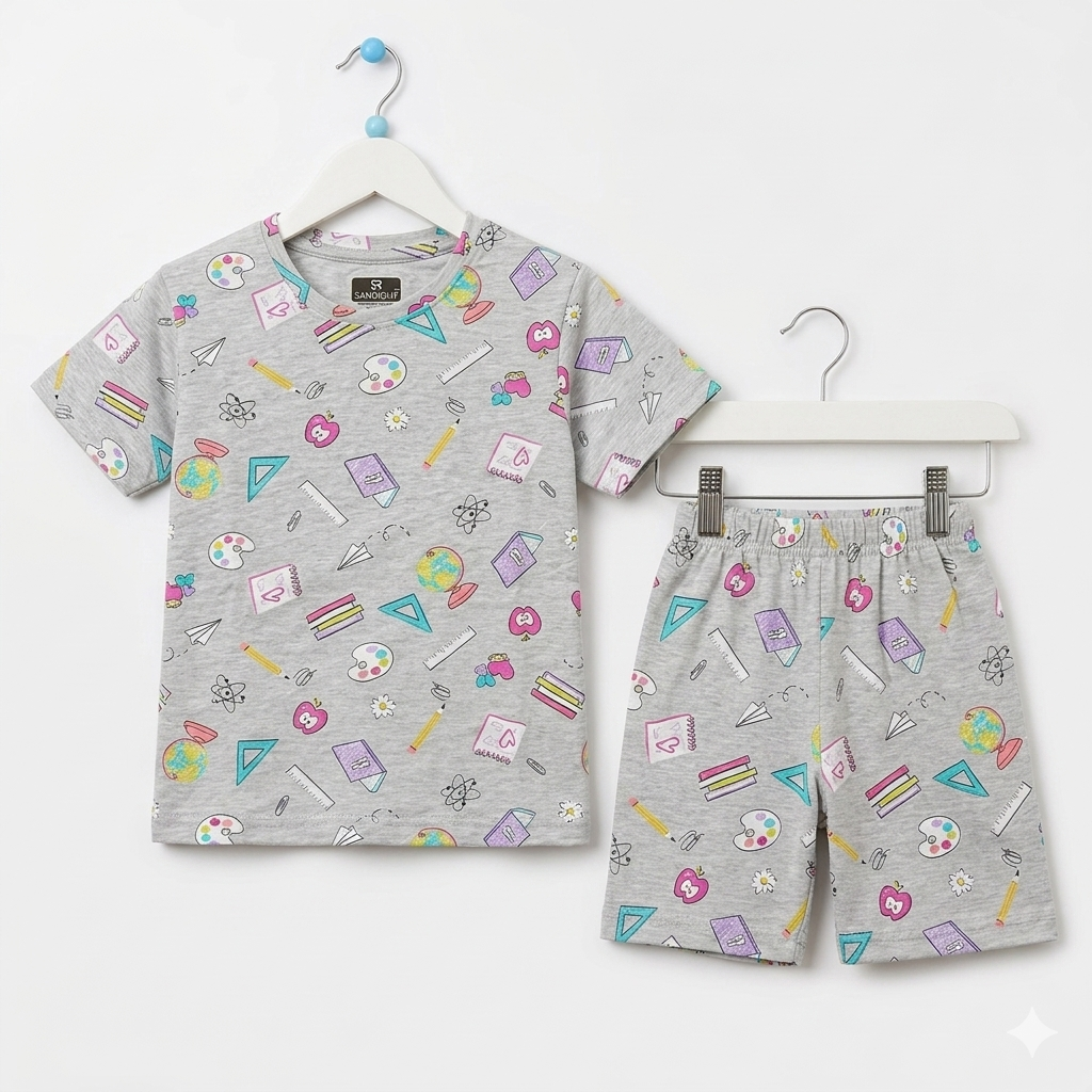 Shorts Sleeves Tshirt with Shorts Sets (Grey Books and Pencil)