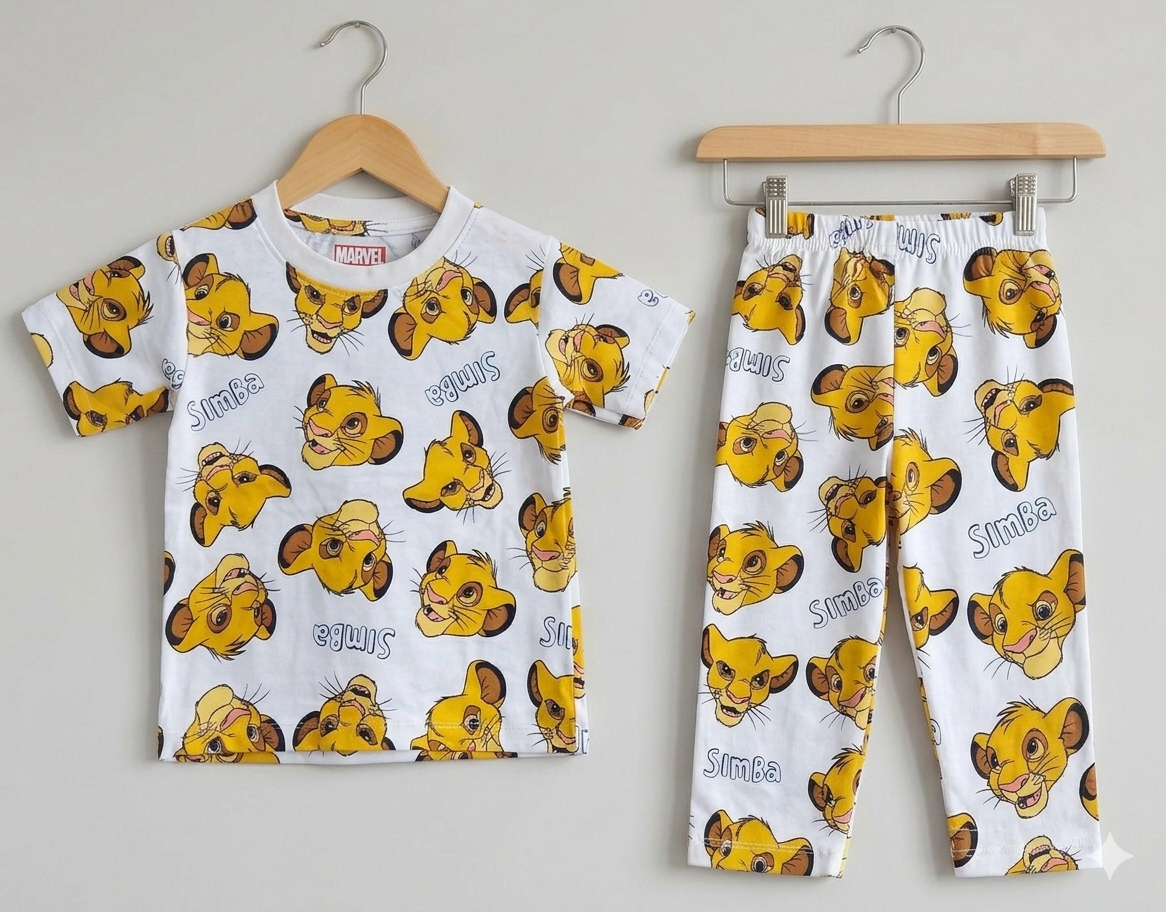 Premium Cartoon Prints Cotton Pajama Sets (Yellow Simba)