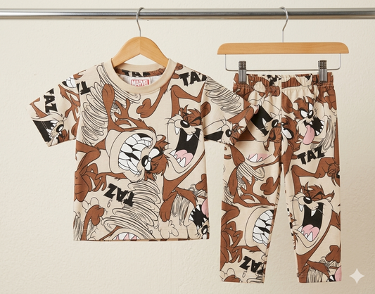 Premium Cartoon Prints Cotton Pajama Sets (Brown Taz)