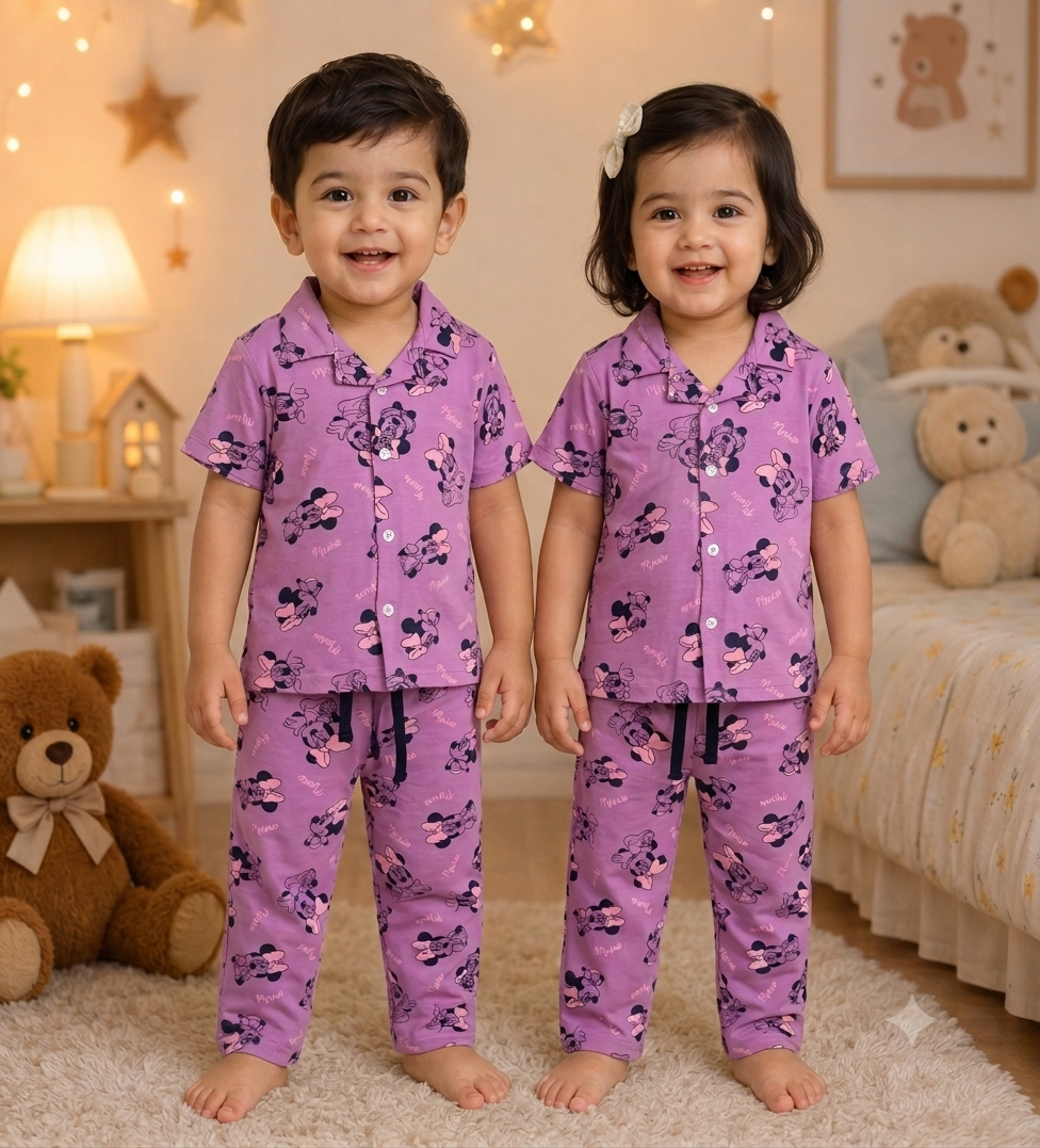 (COLL4) - Premium Cotton Half Sleeves Collar Tshirt with Pant (Purple Micky )