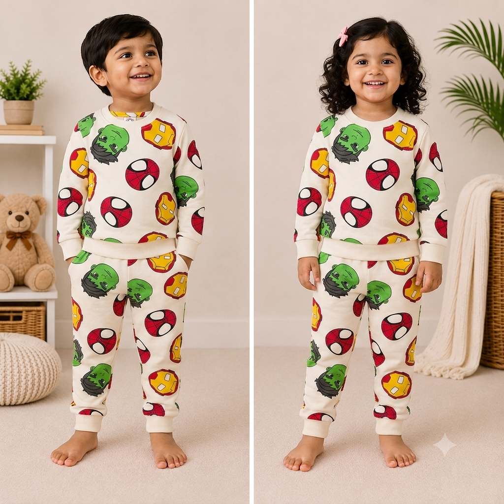 Premium Winter Full Sleeves T-Shirt with Pant (Cream Spider Face)