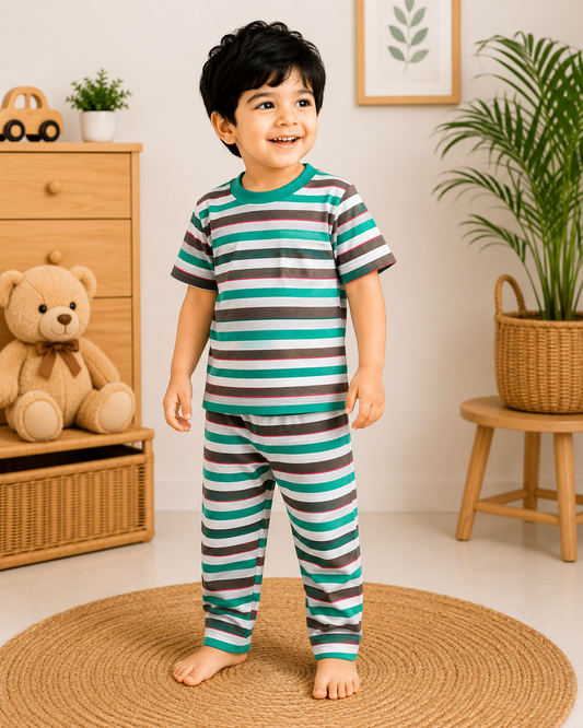 Soft Cotton Half sleeves Tshirt with Pant(Jungle White Stripes)