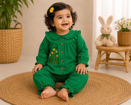 Airport - Kids Muslin Print  Peter Pan Collar  Balloon Sleeves Frock With Pant ( Green Yellow Design)