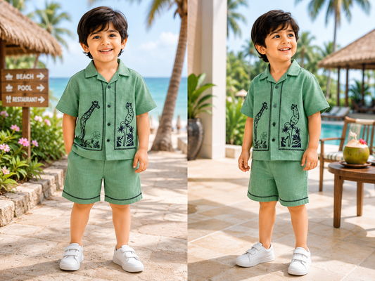 (LB008) - Linen Blend Embroidered Co- Ord Set  (Green Giraffee)