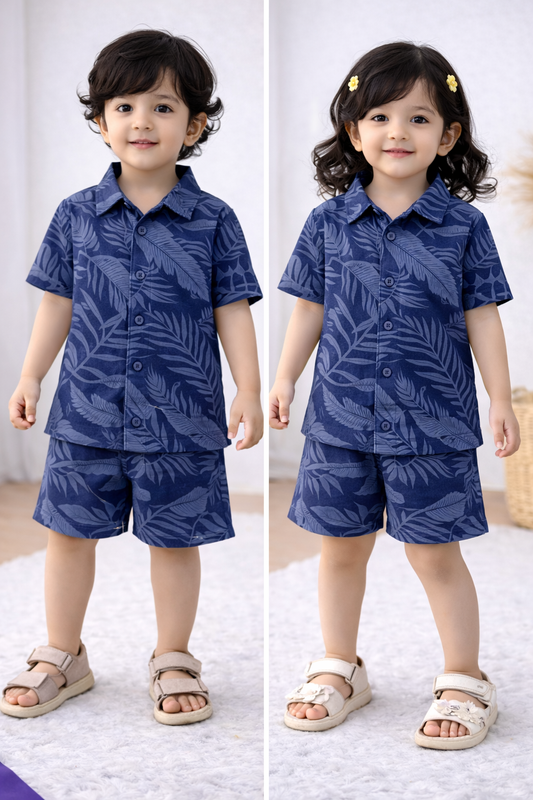 POLO Front open Tshirt with Shorts Sets (Blue Long Leaf)