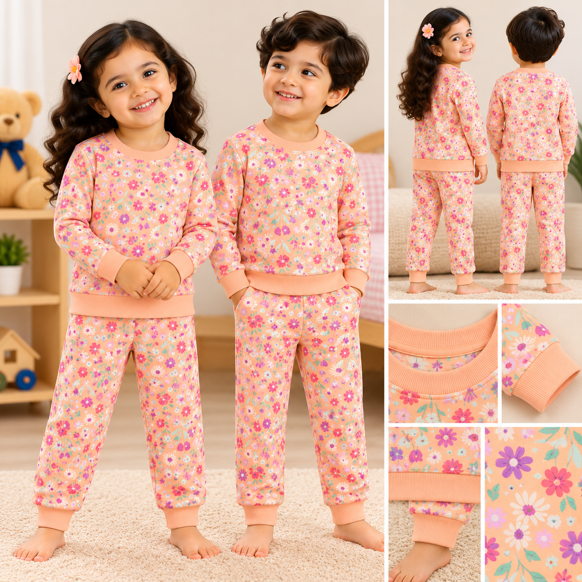 Premium Winter Full Sleeves T-Shirt with Pant (Orange Floral)