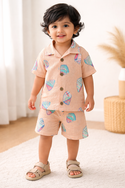 Crinkled Front open Tshirt with Shorts Sets (Orange Sea Shell)