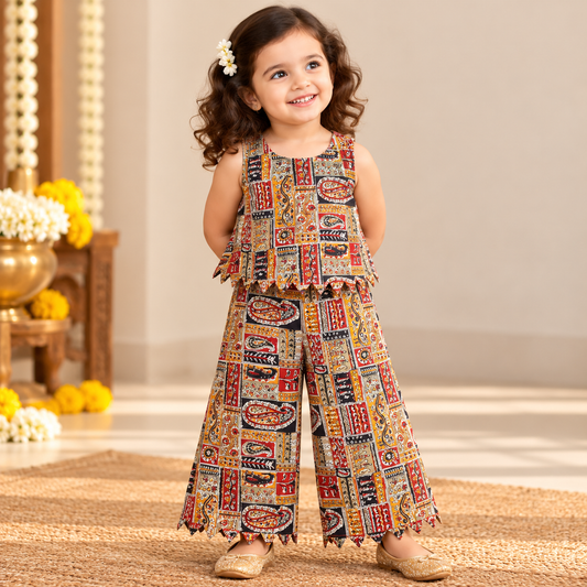 Girls Casual Cotton Printed W-Cut Top & Pant Co-ord Set(CW004) (Kalamkari)