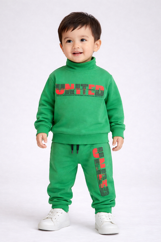 Premium Winter High Neck Pant Set For Kids(Green-United)