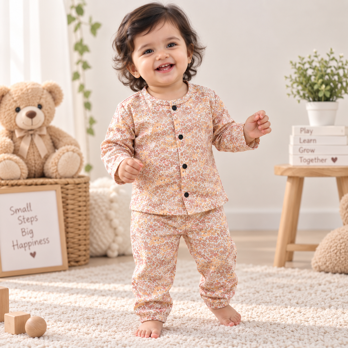 Kid's Front Open Lounge Wear Sets (Light Brown Floral )
