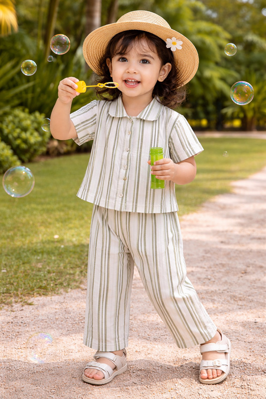 Collar front open T-shirt  & Palazzo Pant set (Green Stripes)