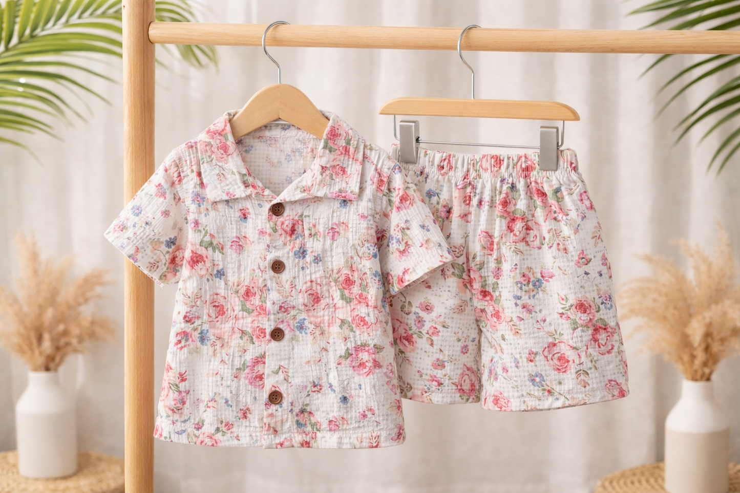 Airport - Crinkled Front open Tshirt with Shorts Sets (white Pink Flower)