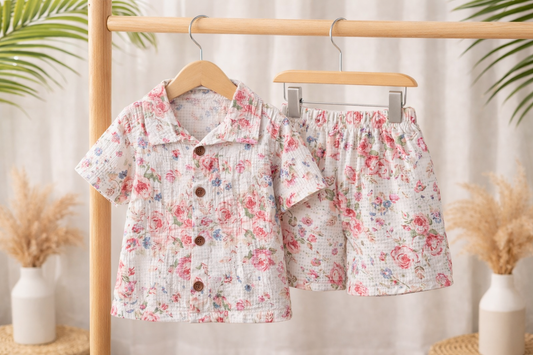 Airport - Crinkled Front open Tshirt with Shorts Sets (white Pink Flower)
